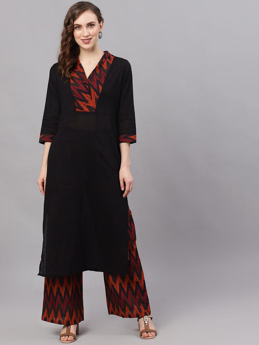 Women's  Black & Maroon Yoke Design Kurta with Palazzos
