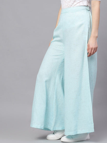 Women's  Blue Self Design Flared Palazzos