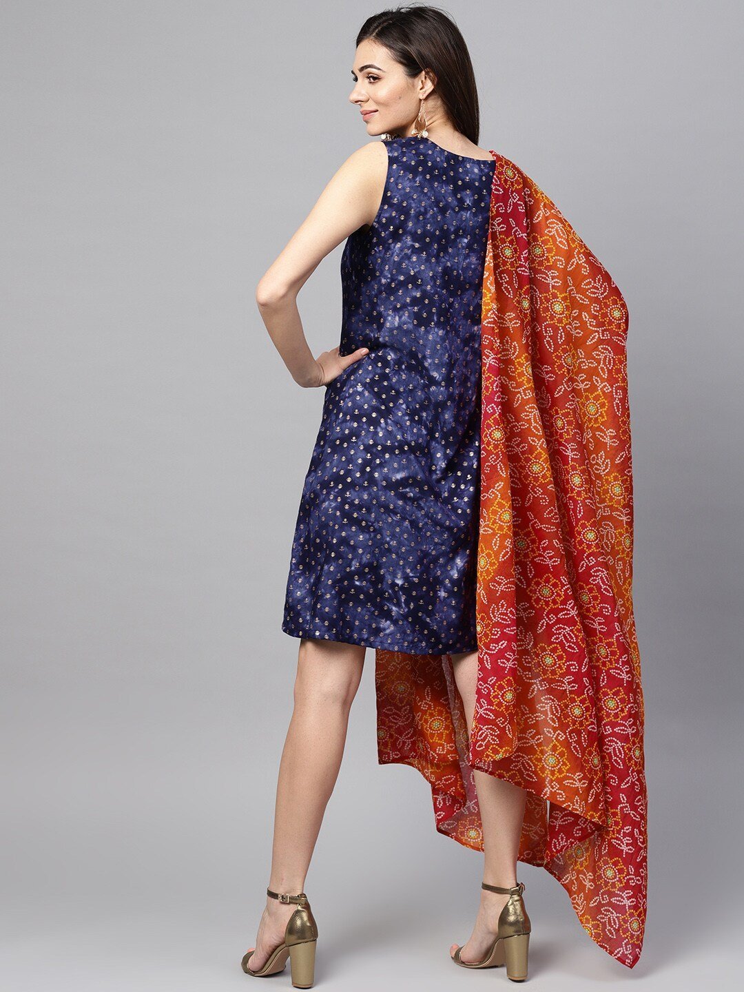 Women's  Navy Blue & Golden Printed A-Line Dress with Dupatta