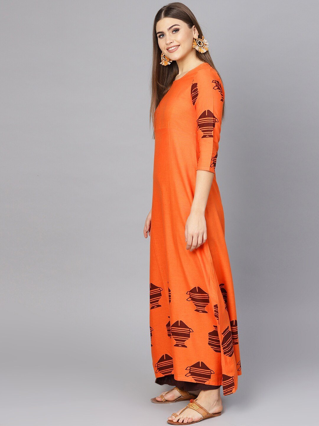 Women's  Orange & Brown Printed A-Line Kurta