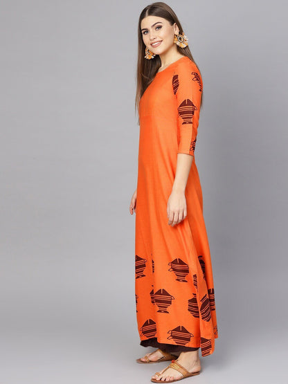 Women's  Orange & Brown Printed A-Line Kurta