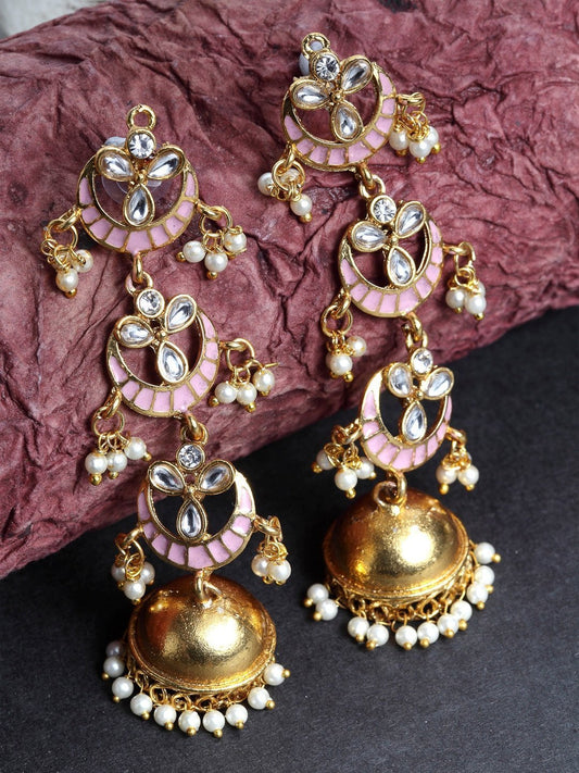 Women's  Gold Plated 3 Layered Long Jhumki Earrings With Pink Enamel Glided With Kundans & Pearls