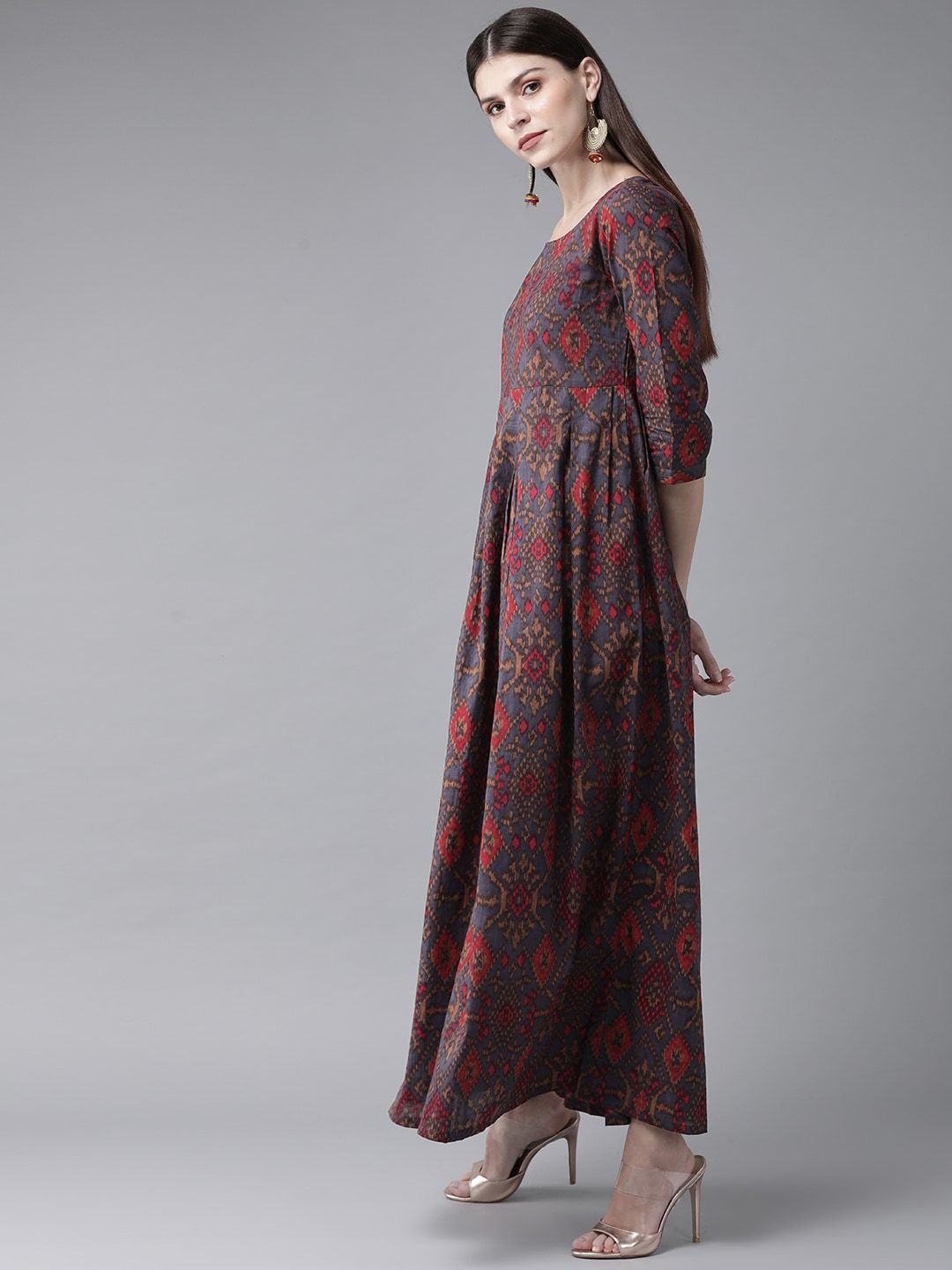 Women's  Grey & Red Printed Maxi Dress