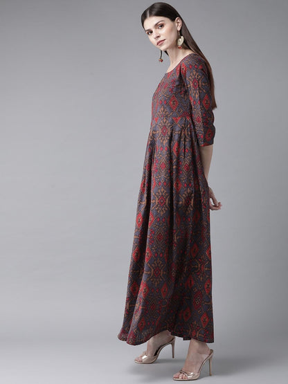 Women's  Grey & Red Printed Maxi Dress