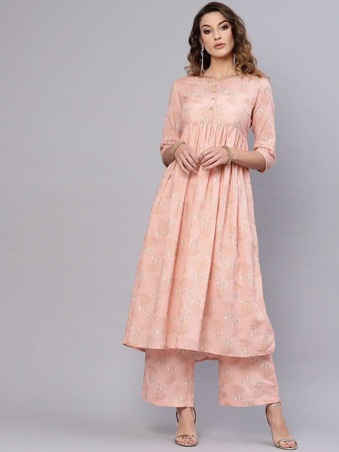 Women's  Peach-Coloured & Golden Printed Kurta with Palazzos