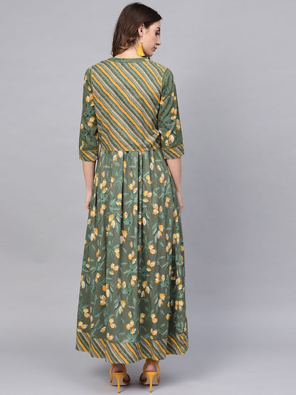 Women's  Green & Yellow Floral Printed Maxi Dress with Ethnic Jacket