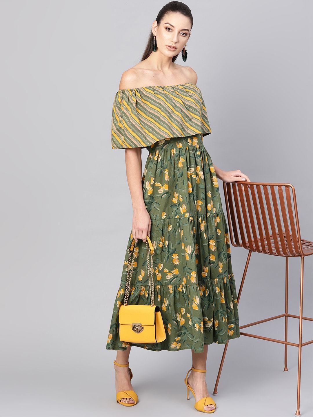 Women's  Olive Green & Mustard Yellow Floral Printed Maxi Off-Shoulder Tiered Dress