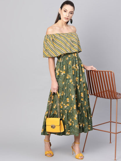 Women's  Olive Green & Mustard Yellow Floral Printed Maxi Off-Shoulder Tiered Dress