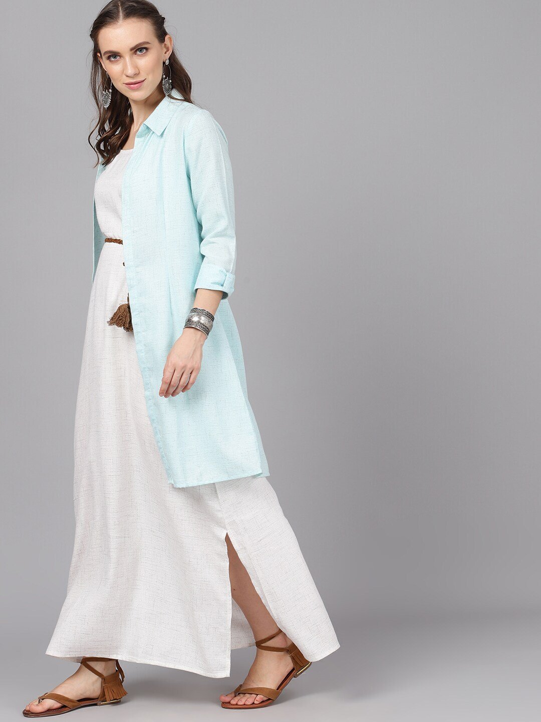 Women's  Turquoise Blue Solid Longline Open Front Jacket