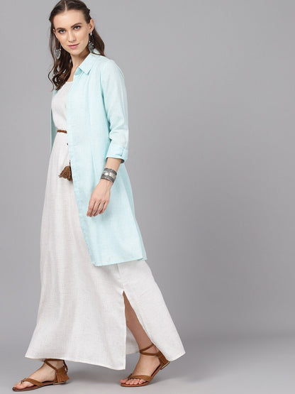 Women's  Turquoise Blue Solid Longline Open Front Jacket