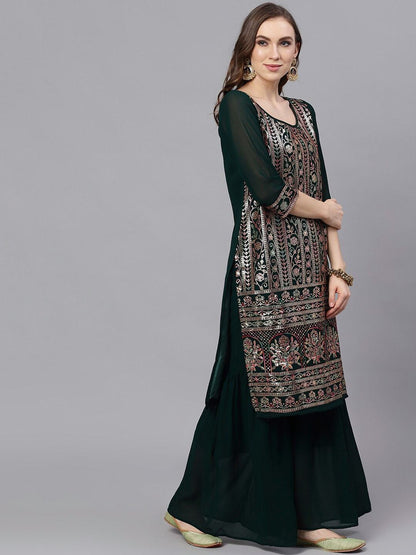 Women's  Green & Gold-Toned Embroidered Kurta with Palazzos & Dupatta
