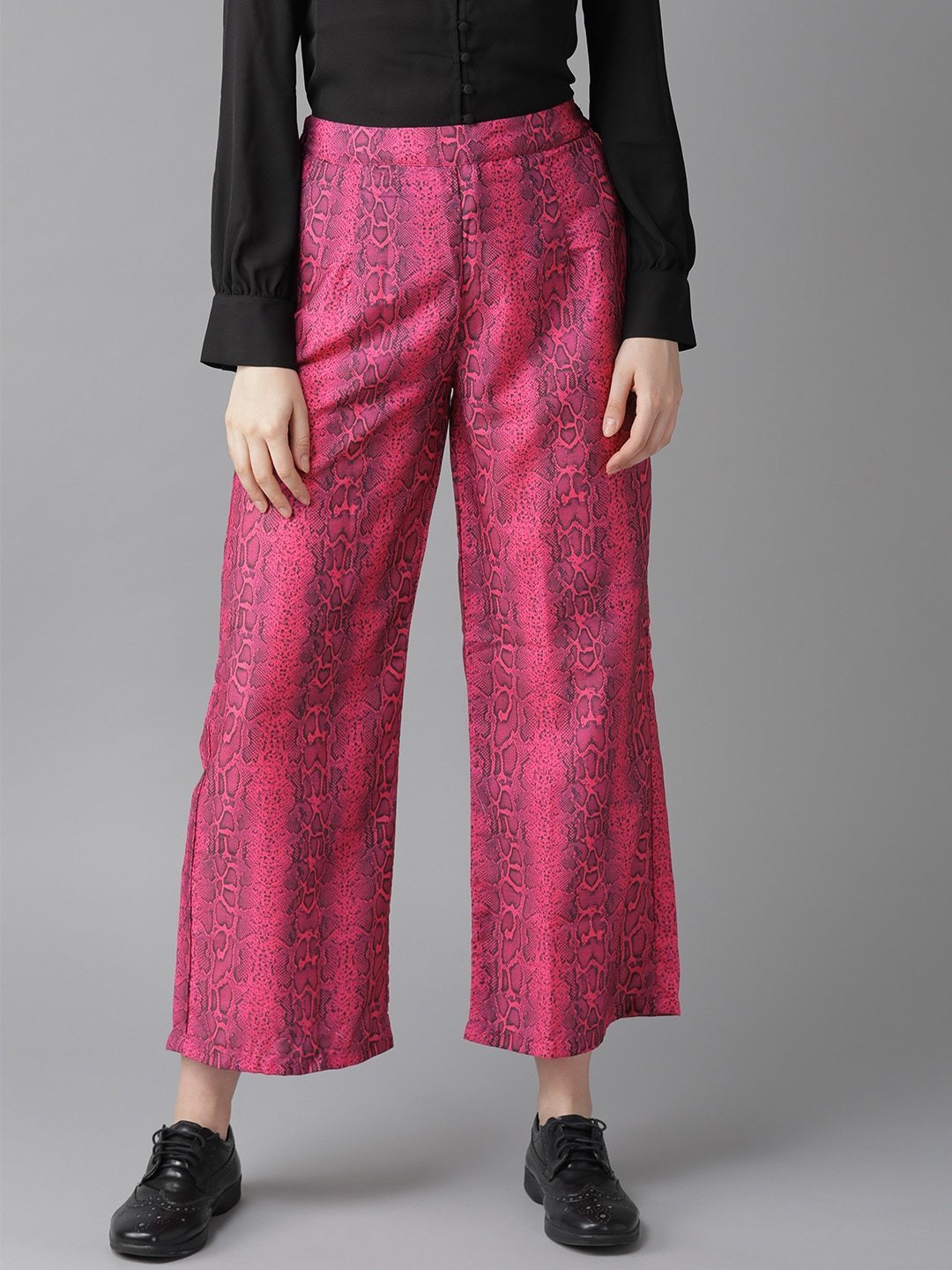 Women's  Pink & Black Printed Snakeskin Print Cropped Straight Palazzos