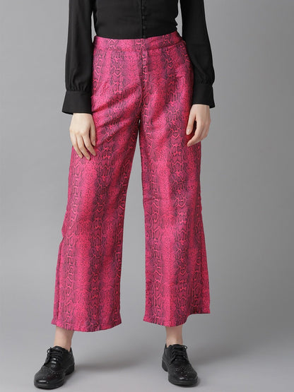 Women's  Pink & Black Printed Snakeskin Print Cropped Straight Palazzos
