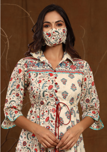 Women's Cambric Floral Print Asymmetric Dress With Mask