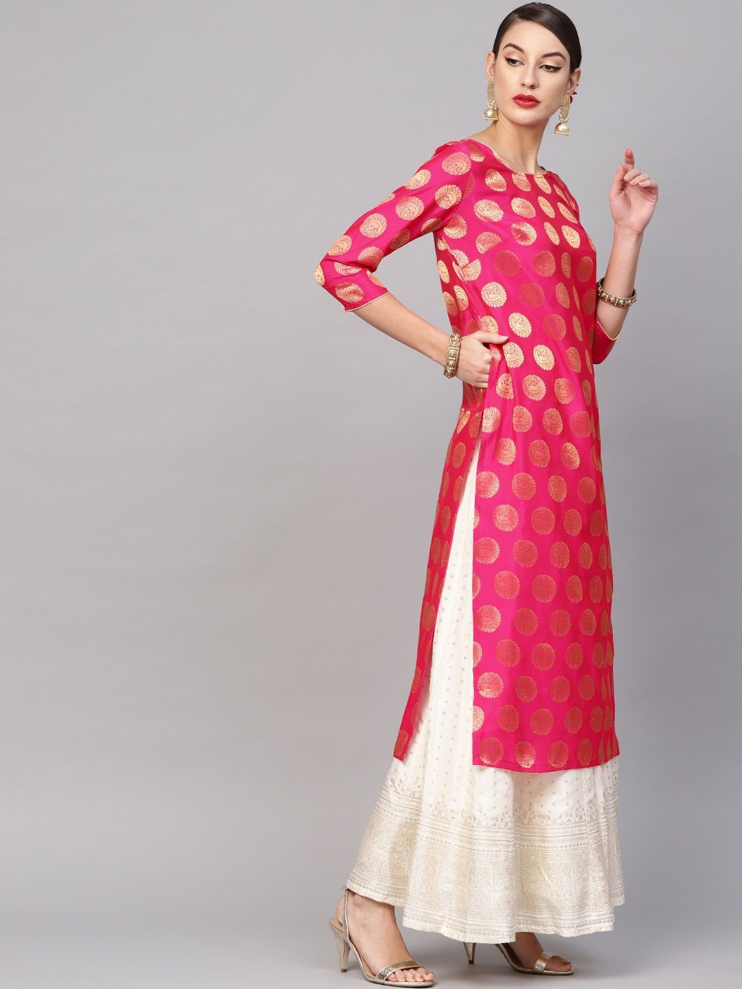 Women's  Pink & Golden Woven Design Straight Kurta