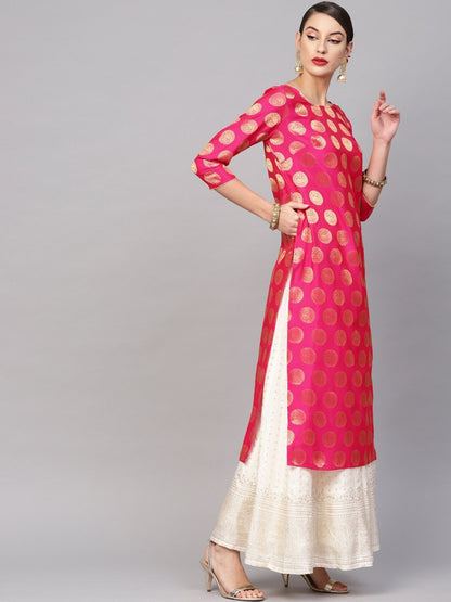 Women's  Pink & Golden Woven Design Straight Kurta