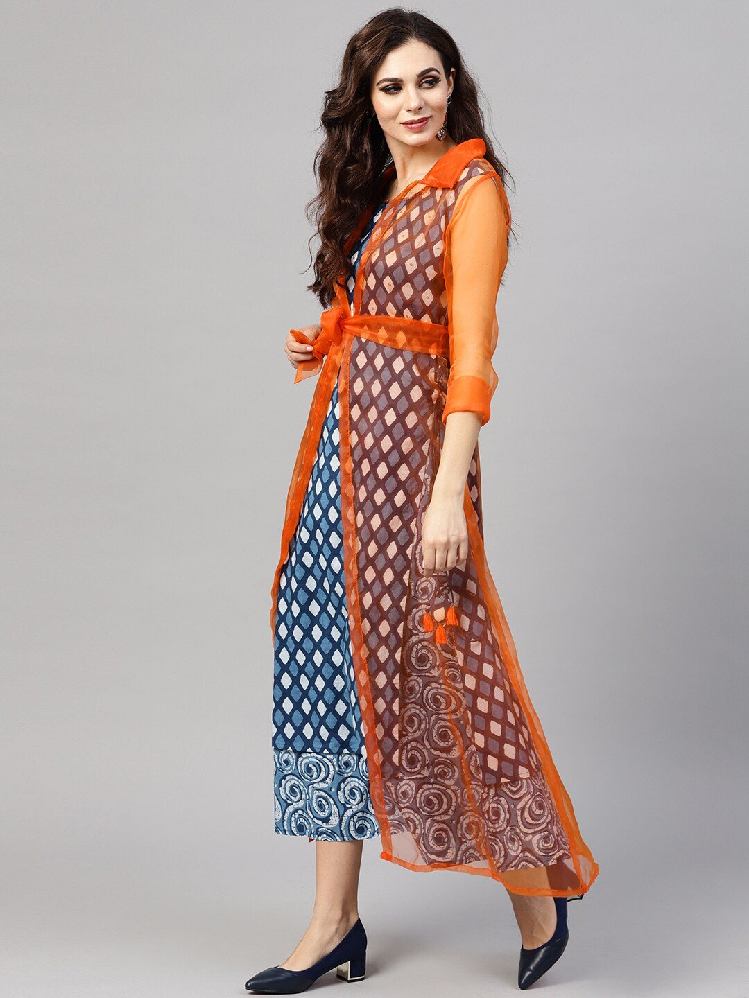 Women's  Orange Sheer Solid Lightweight Longline Ethnic Jacket