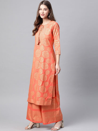 Women's Coral Orange & Golden Printed Cotton Kurta with Palazzos