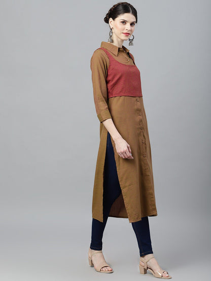 Women's  Olive Green & Maroon Colourblocked Anarkali Kurta