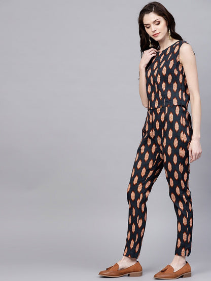 Women's  Navy Blue & Orange Regular Fit Printed Trousers With Pintucks