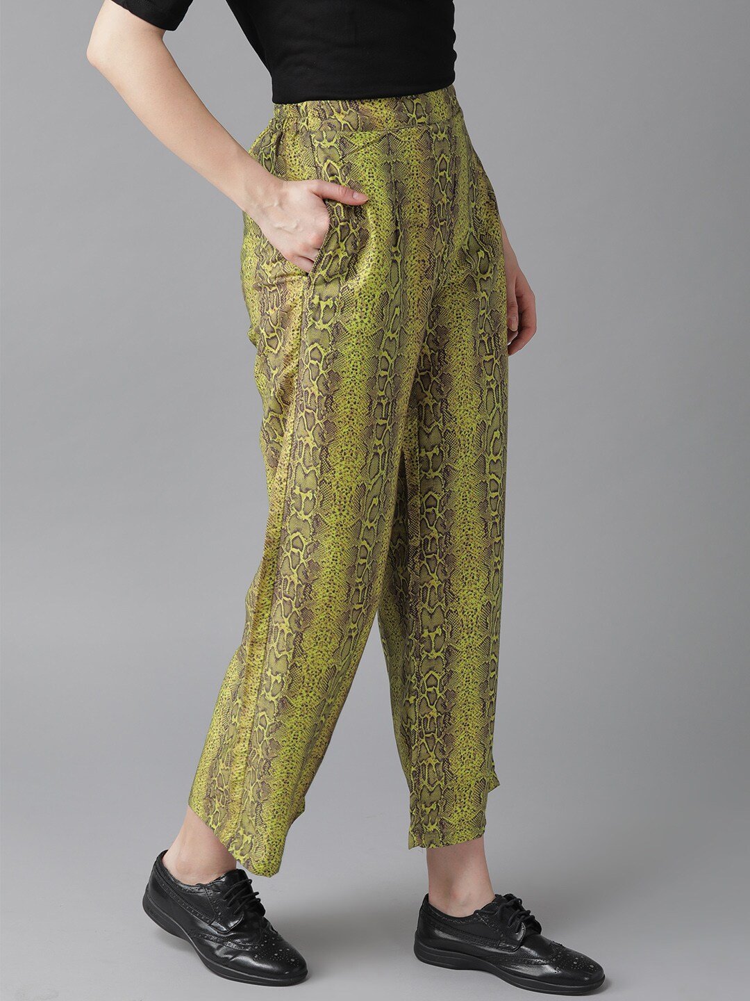 Women's  Lime Green & Coffee Brown Snakeskin Print Cropped Straight Palazzos