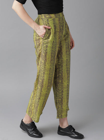 Women's  Lime Green & Coffee Brown Snakeskin Print Cropped Straight Palazzos