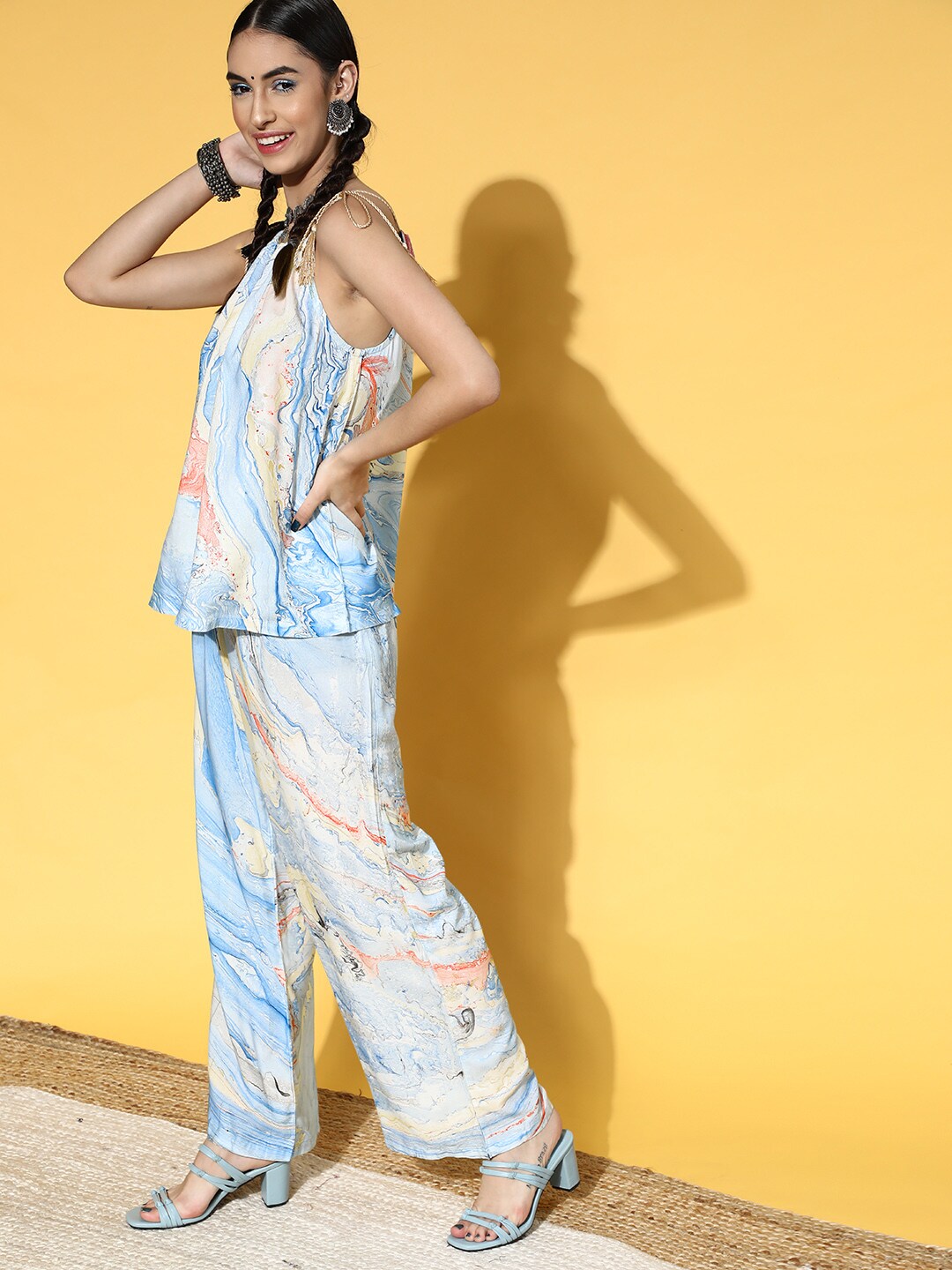 Women's Blue & Yellow Marble Print Top