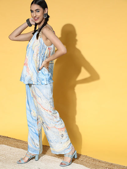 Women's Blue & Yellow Marble Print Top