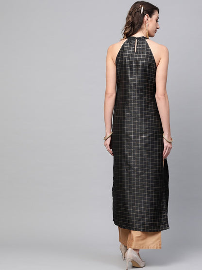 Women's  Black & Golden Checked Straight Kurta