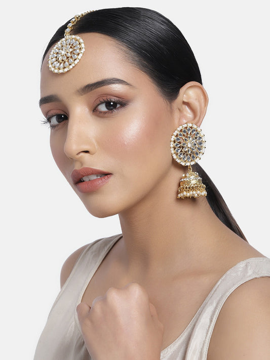 Women's Traditional Gold Plated Chandbali Kundan & Pearl Earring Set with Maang Tikka