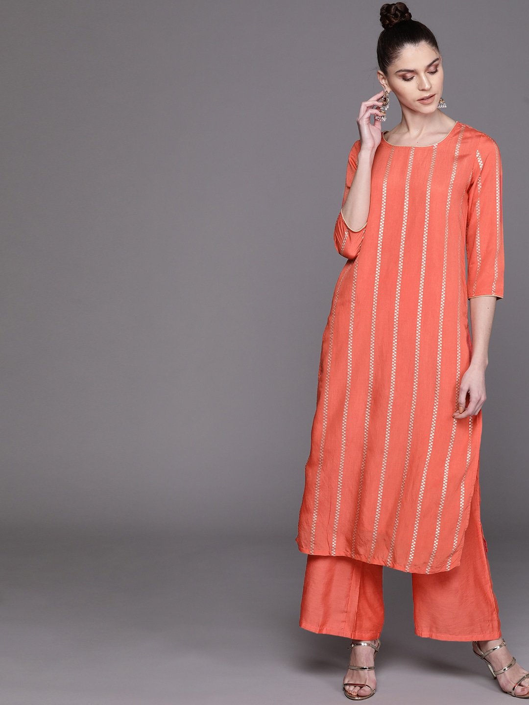 Women's  Coral Orange & Silver Self-Striped Kurta with Palazzos