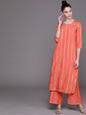 Women's  Coral Orange & Silver Self-Striped Kurta with Palazzos