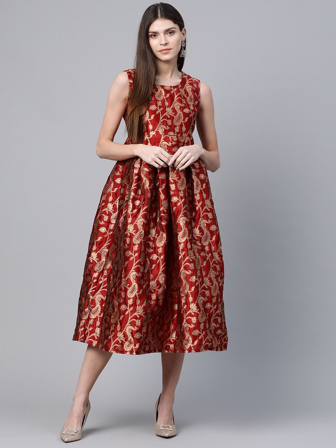 Women's  Maroon & Golden Self Design Wrap Dress