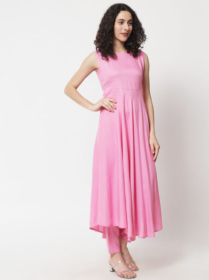 Women's Solid Pink Kurta With Trousers & With Dupatta
