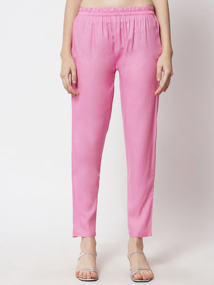 Women's Solid Pink Kurta With Trousers & With Dupatta
