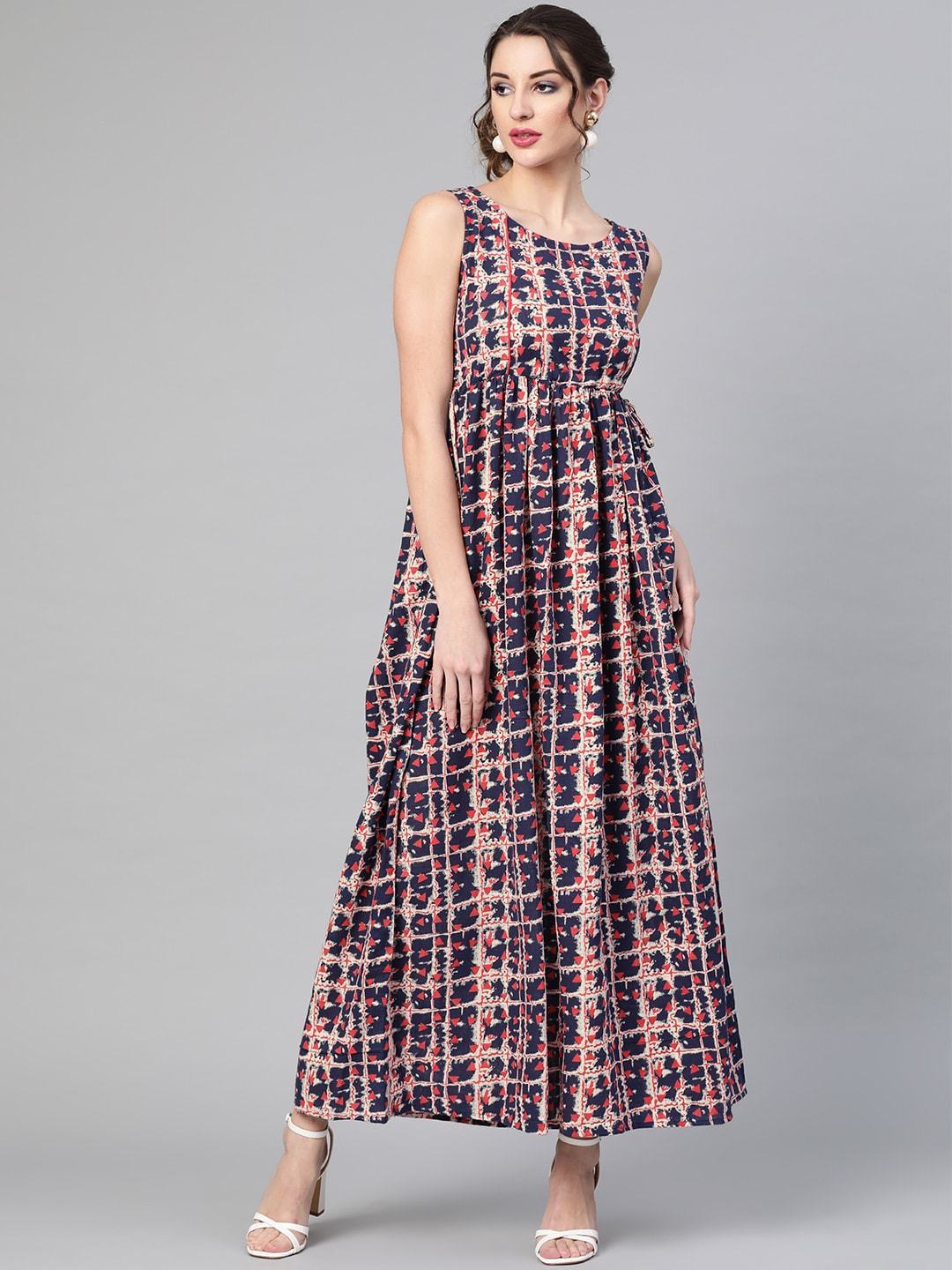 Women's  Navy Blue & Pink Printed Maxi Dress