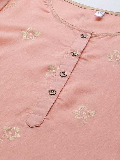 Women's  Peach-Coloured & Golden Printed Kurta with Skirt