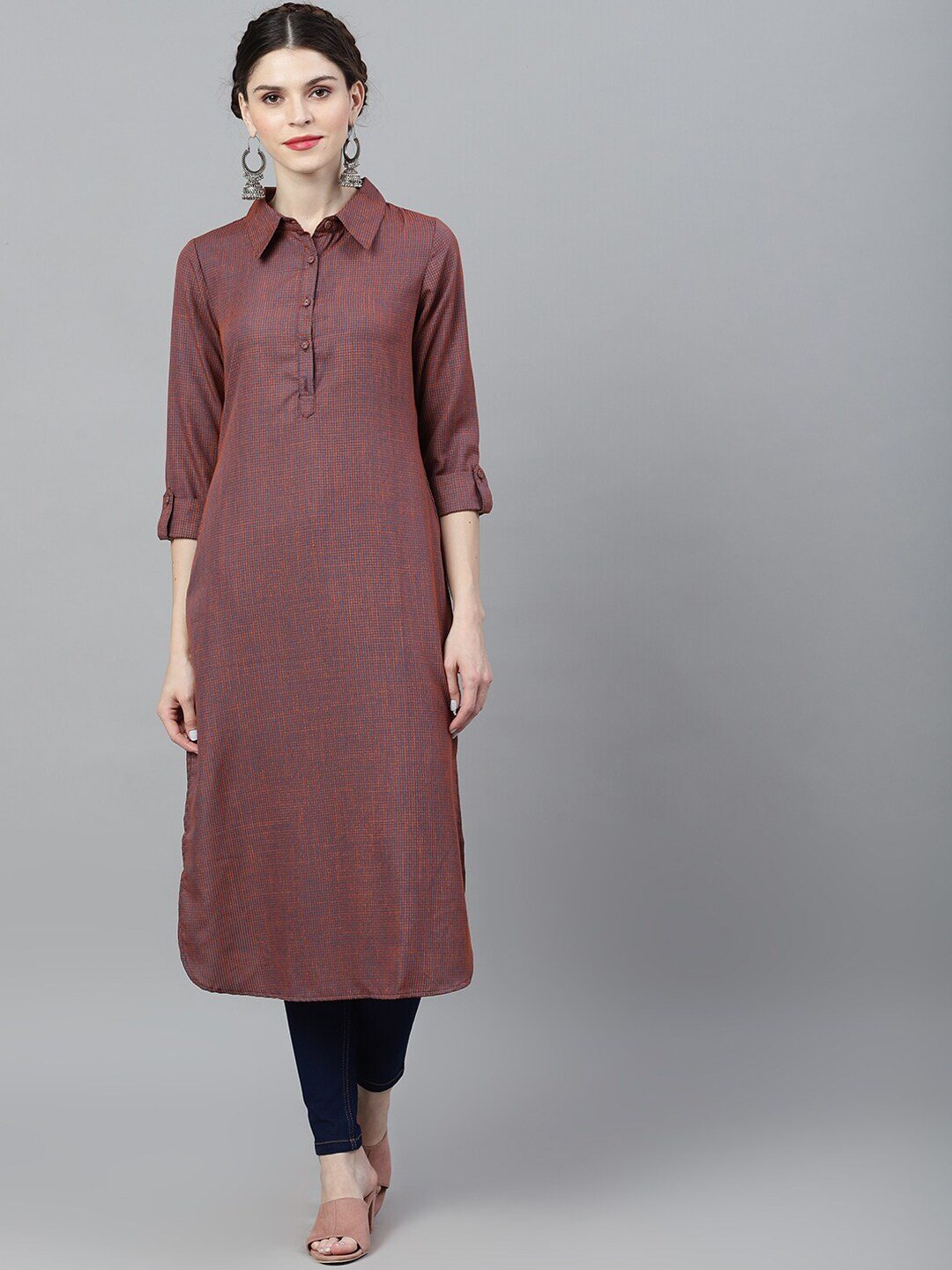 Women's  Blue & Orange Striped A-Line Kurta