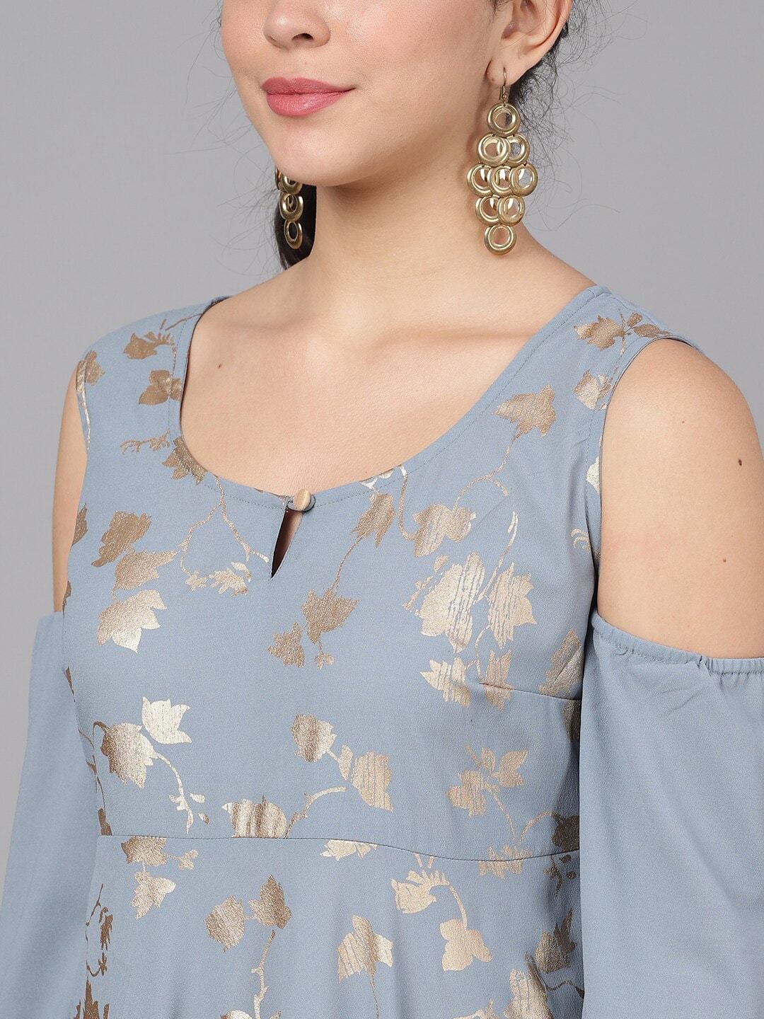 Women's  Grey & Gold-Toned Printed Anarkali Kurta