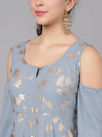 Women's  Grey & Gold-Toned Printed Anarkali Kurta
