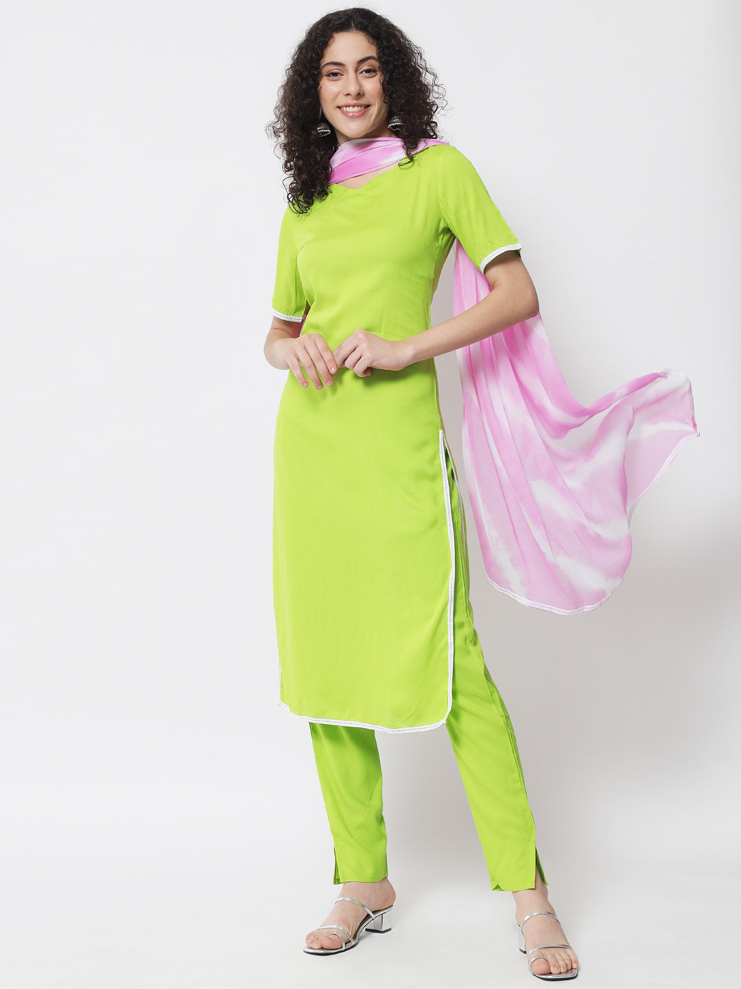 Women's Fluorescent Green Kurta With Trouser And Dupatta