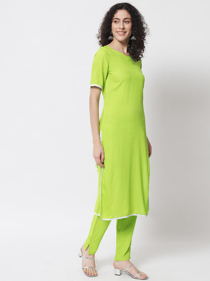 Women's Fluorescent Green Kurta With Trouser And Dupatta