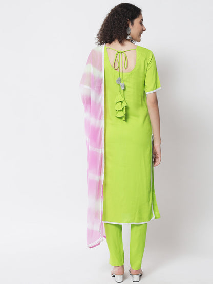 Women's Fluorescent Green Kurta With Trouser And Dupatta