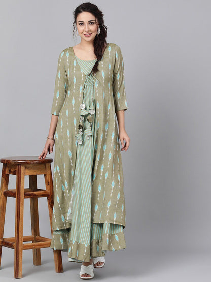 Women's  Green Printed Layered Maxi Dress