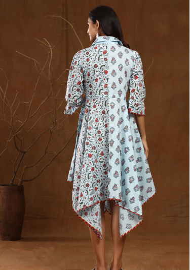 Women's Cambric Floral Print Asymmetric Dress With Mask