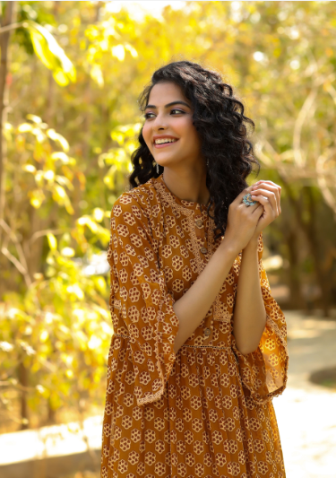 Women's Brown Georgette Printed Flared Dress