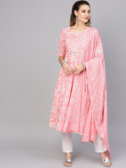 Women's  Pink & White Khari Print Kurta with Trousers & Dupatta