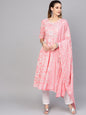 Women's  Pink & White Khari Print Kurta with Trousers & Dupatta