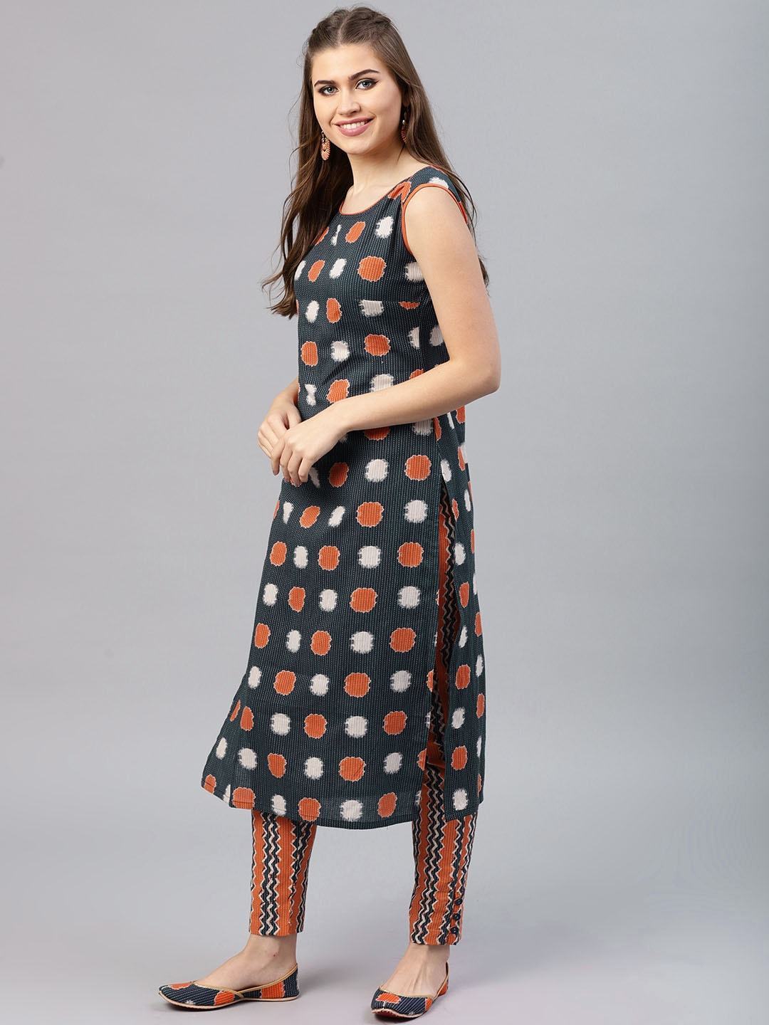 Women's  Navy Blue & Orange Printed Kurta with Trousers