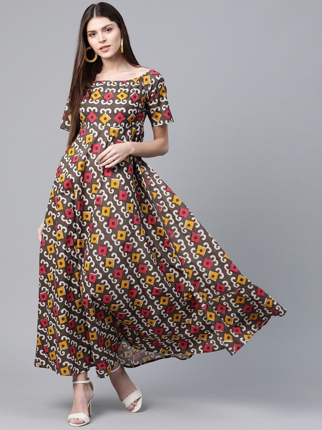 Women's  Brown & Red Ethnic Printed Maxi Dress